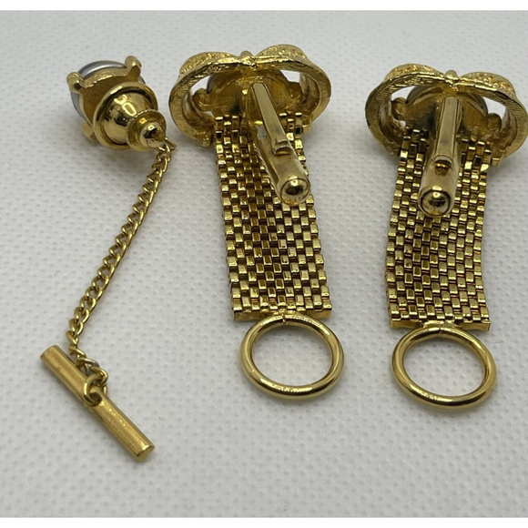 Vintage Gold-Plated Cufflinks & Tie Clip Set With Watermelon Cabochon Stones - Picture 2 of 7